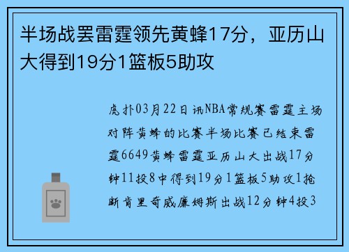 半场战罢雷霆领先黄蜂17分，亚历山大得到19分1篮板5助攻